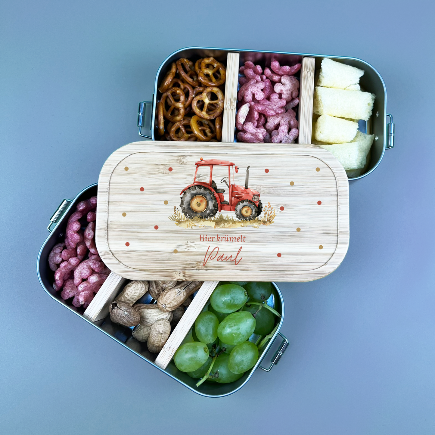 Brotdose Bambus Traktor mit Punkten