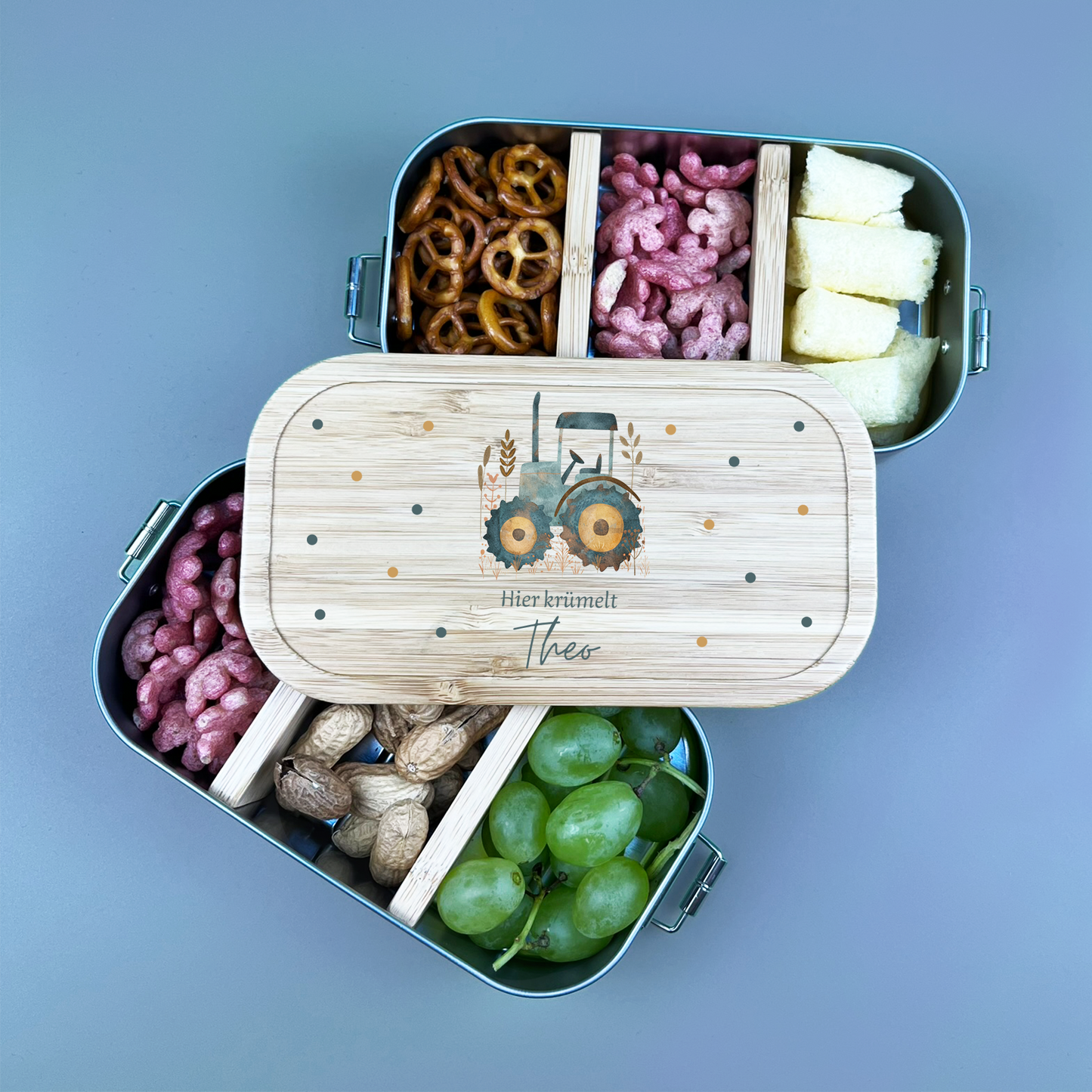 Brotdose Bambus Traktor mit Punkten