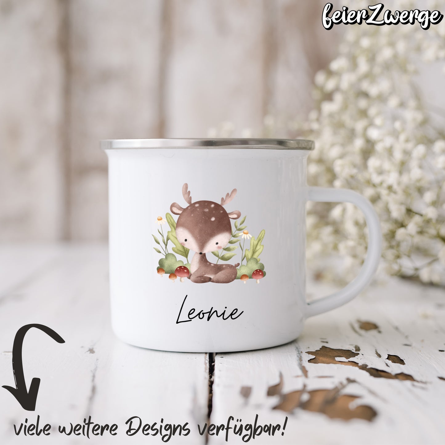 Emaille Tasse Waldtiere Baumstamm