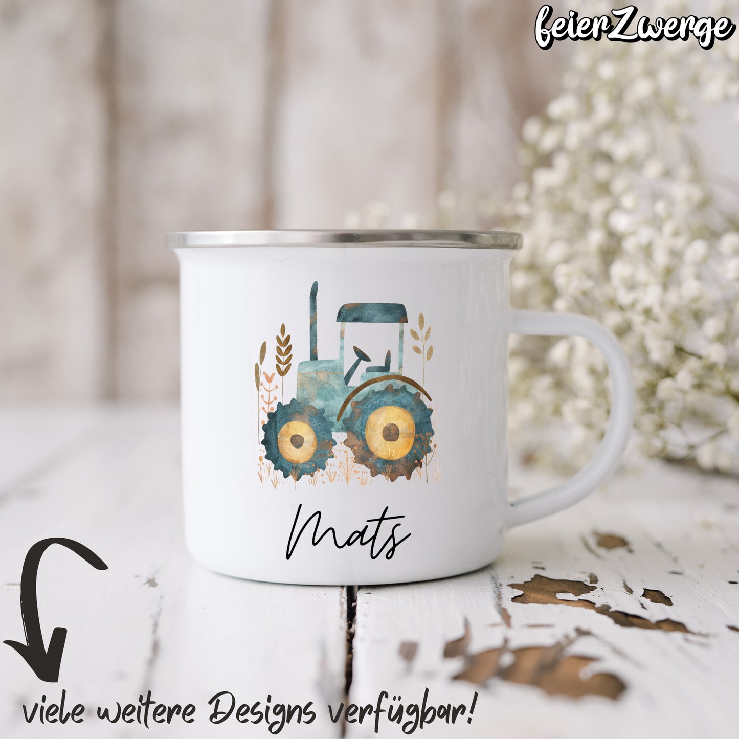 Emaille Tasse Traktor / Bauernhof