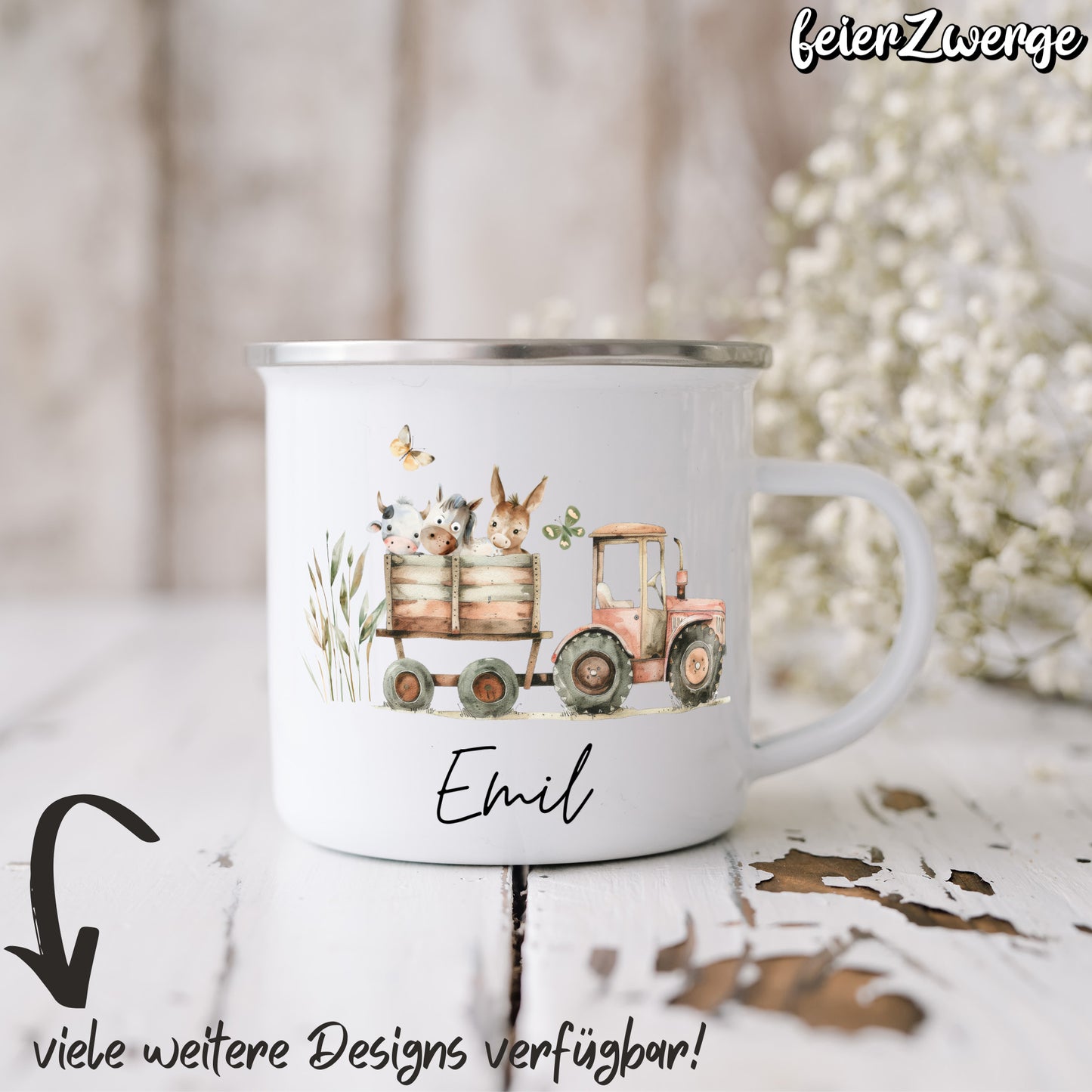 Emaille Tasse Traktor / Bauernhof