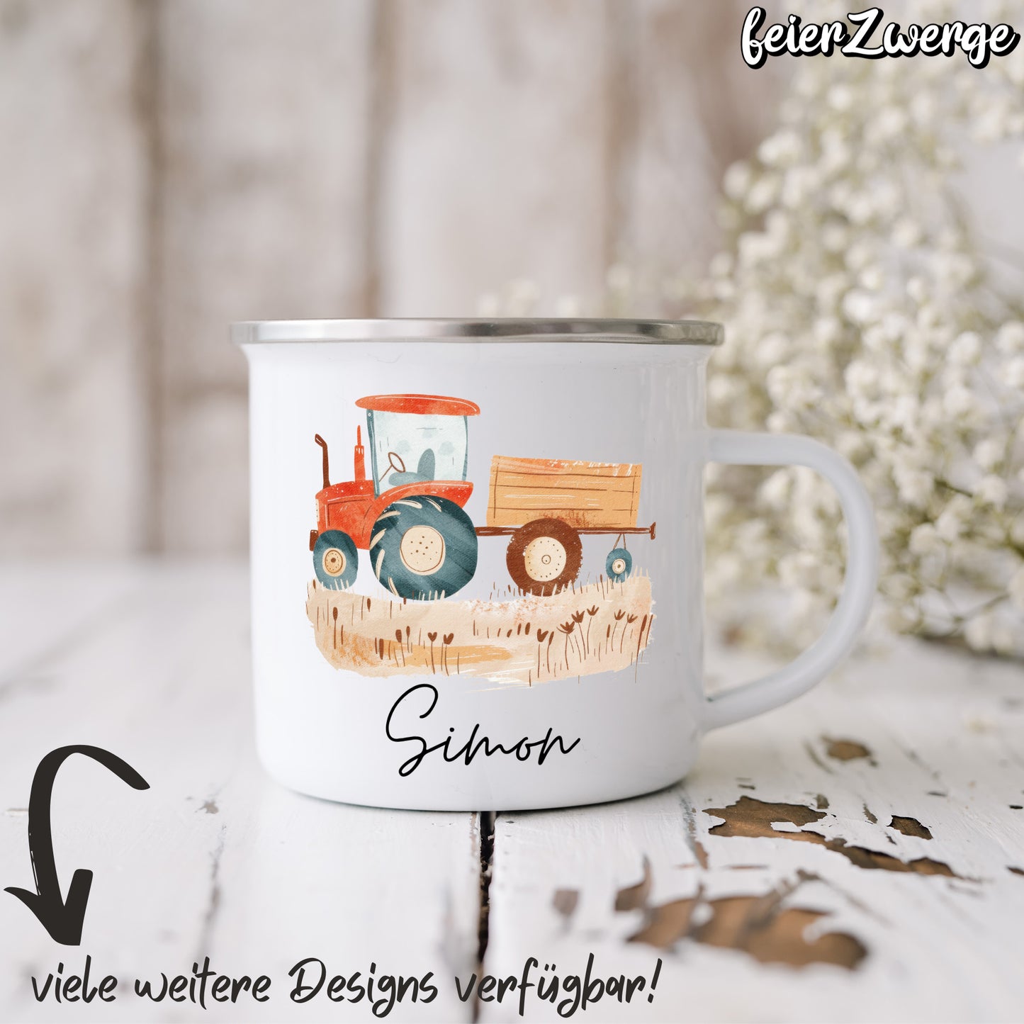 Emaille Tasse Traktor / Bauernhof