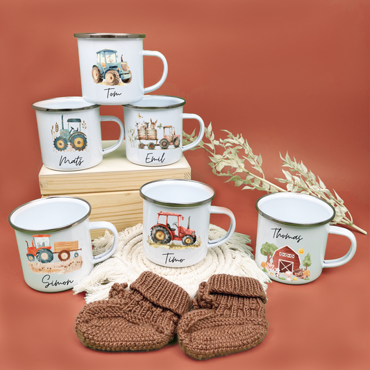 Emaille Tasse Traktor / Bauernhof