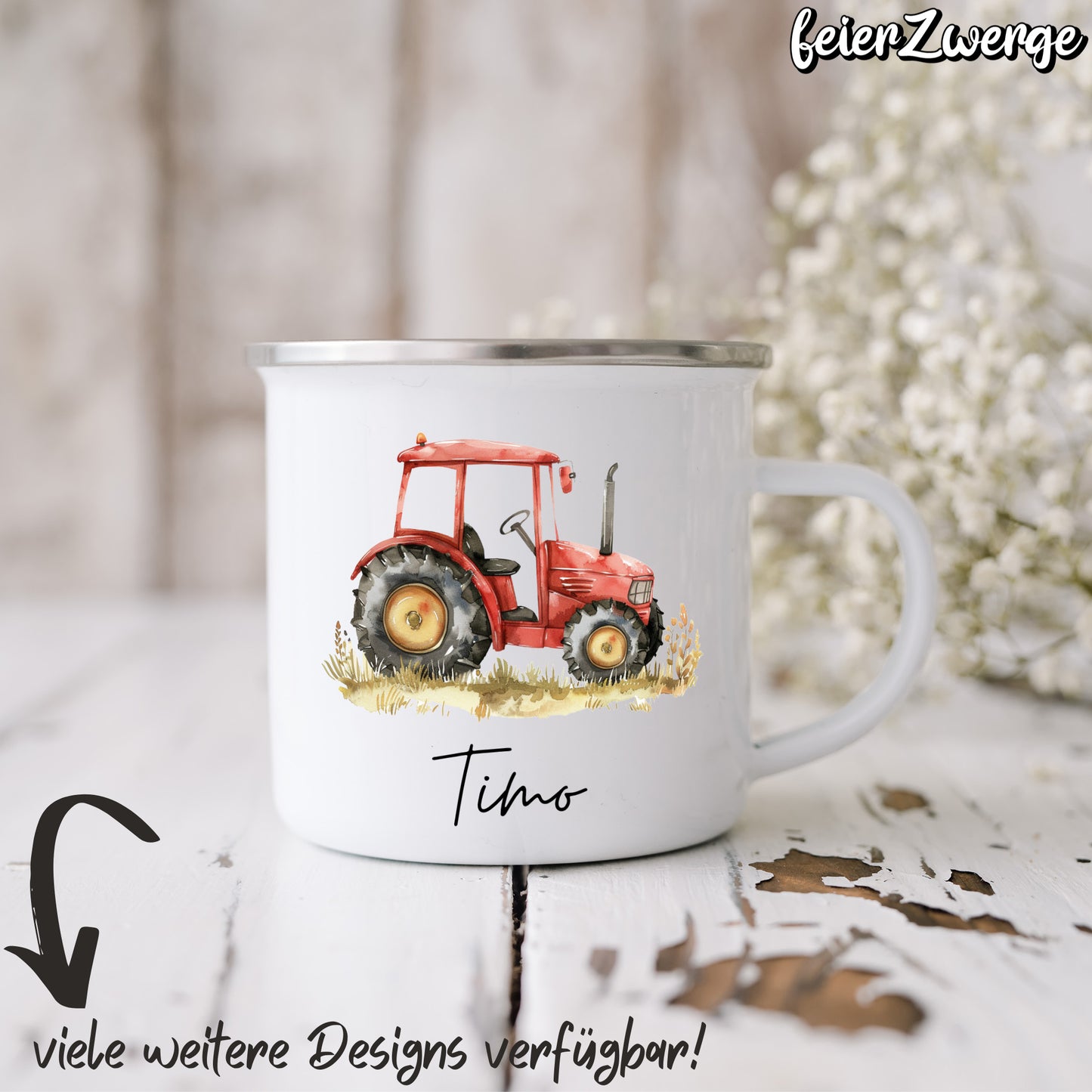 Emaille Tasse Traktor / Bauernhof