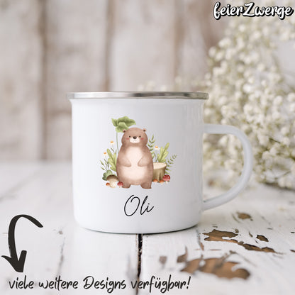 Emaille Tasse Waldtiere Baumstamm