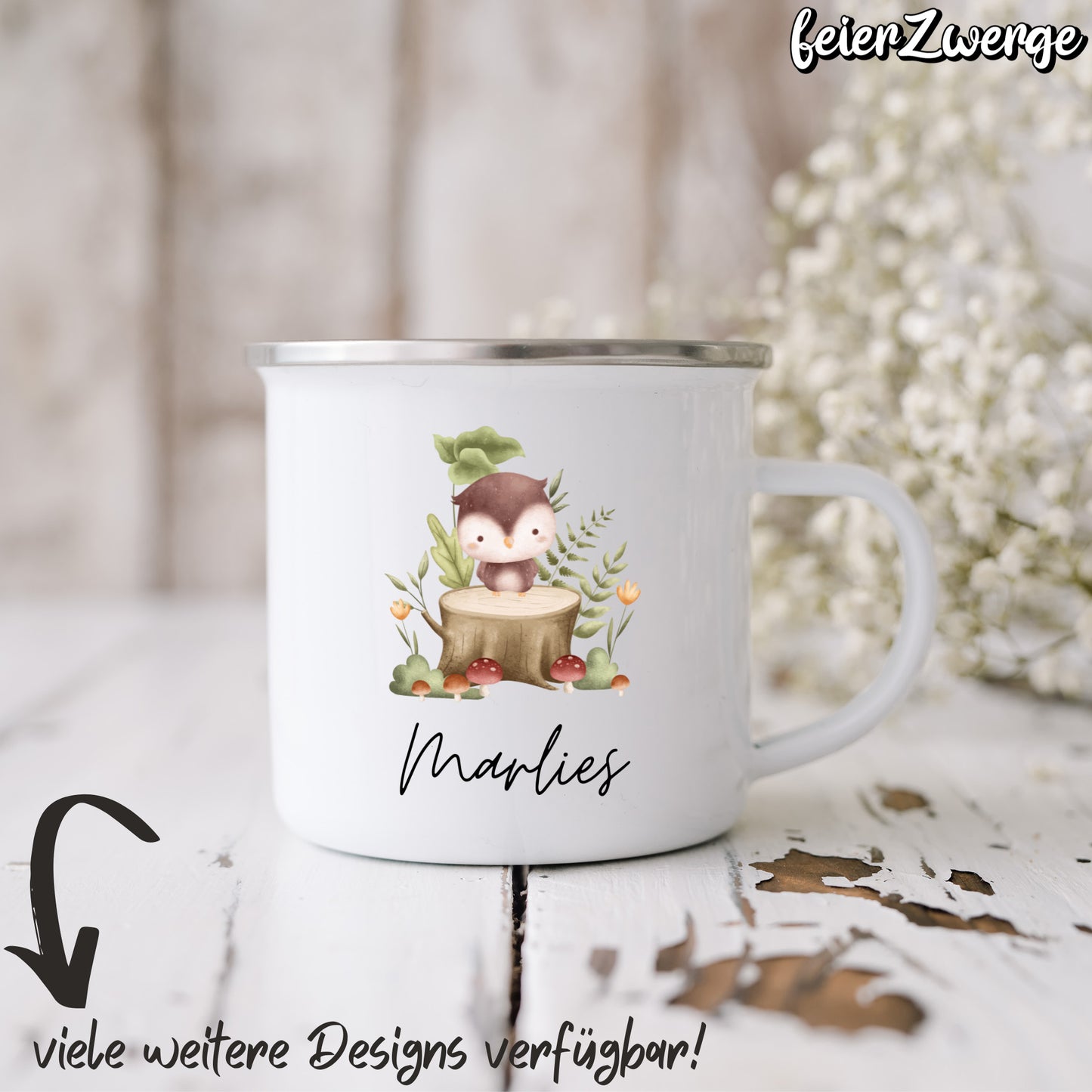 Emaille Tasse Waldtiere Baumstamm