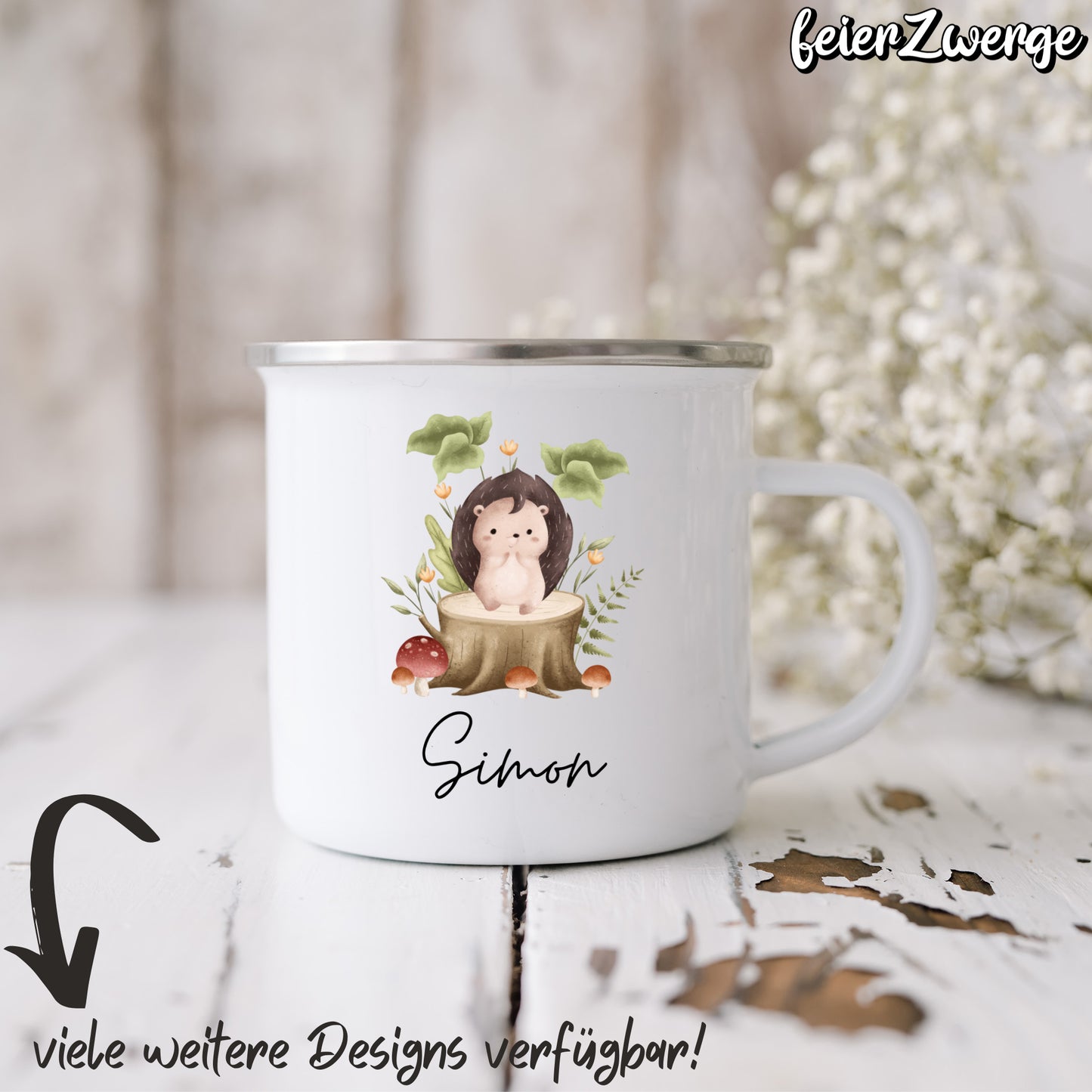Emaille Tasse Waldtiere Baumstamm