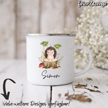 Emaille Tasse Waldtiere Baumstamm