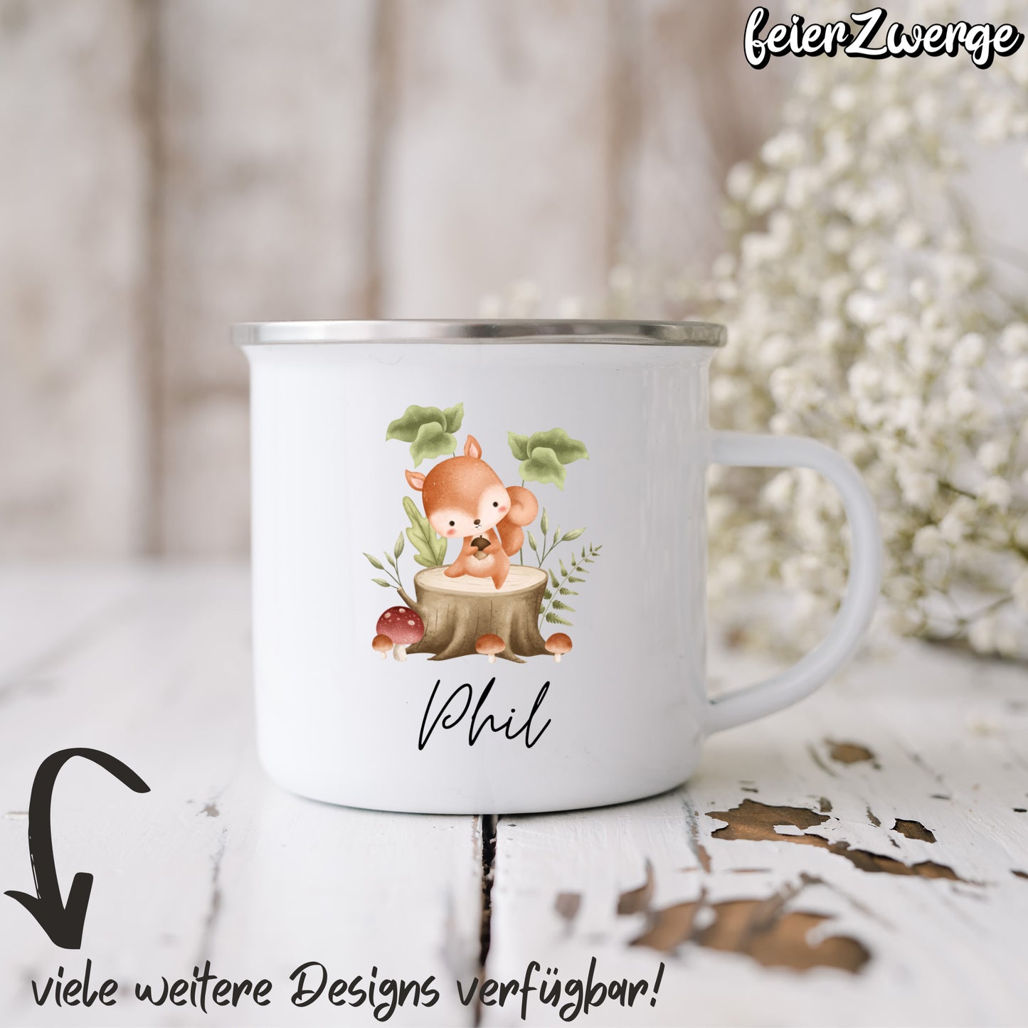Emaille Tasse Waldtiere Baumstamm