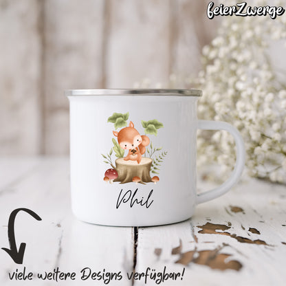 Emaille Tasse Waldtiere Baumstamm