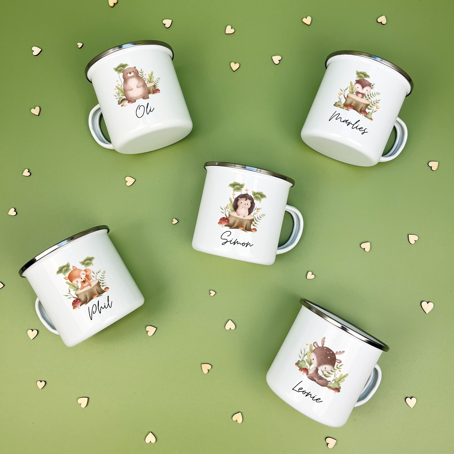 Emaille Tasse Waldtiere Baumstamm