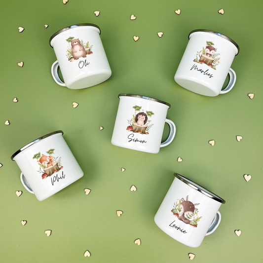 Emaille Tasse Waldtiere Baumstamm